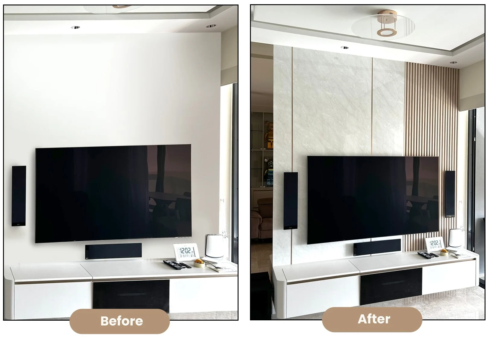 TV wall: Before and after decorative panel installation